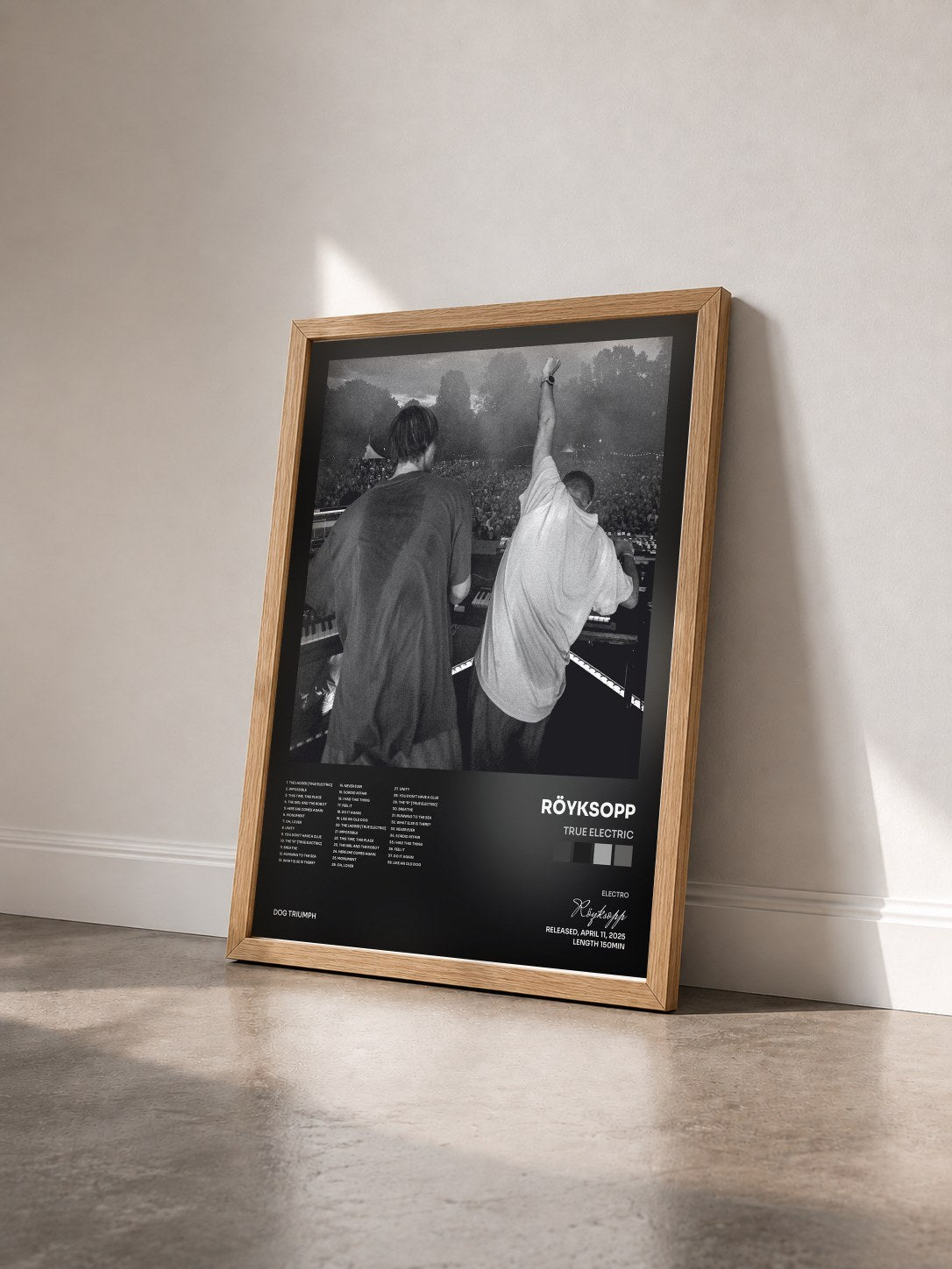 #bois Tableau de l'album True Electric de Röyksopp vu de trois quarts, cadre en bois brut