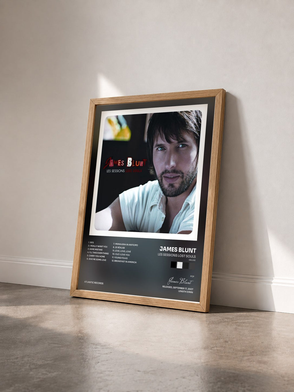 #bois Tableau de l'album Les Sessions Lost Souls (Deluxe) de James Blunt vu de trois quarts, cadre en bois brut