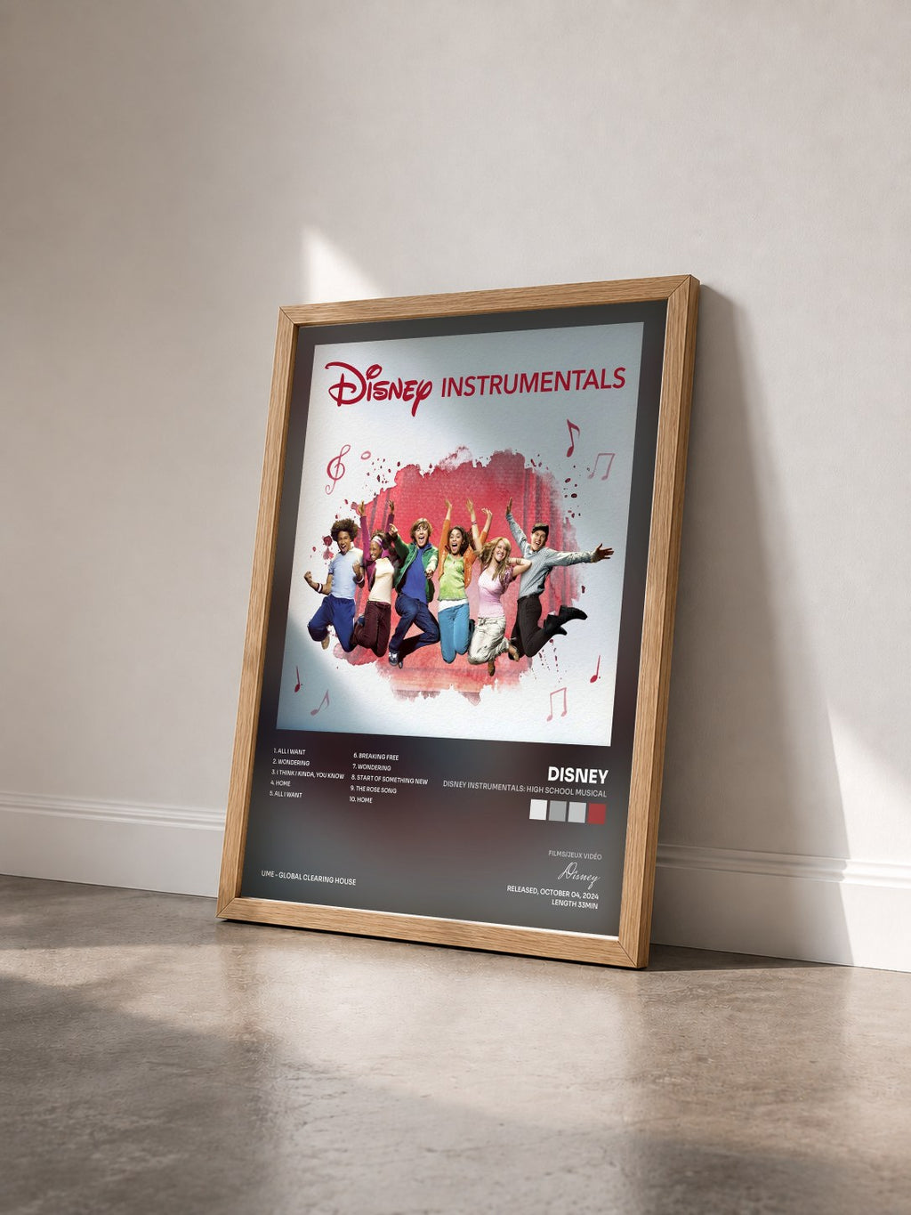 #bois Tableau de l'album Disney Instrumentals: High School Musical de Disney vu de trois quarts, cadre en bois brut