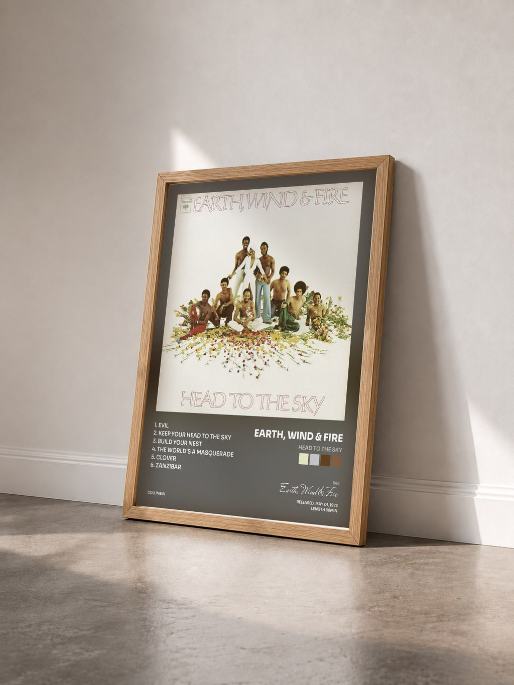 #bois Tableau de l'album Head To The Sky de Earth, Wind & Fire vu de trois quarts, cadre en bois brut
