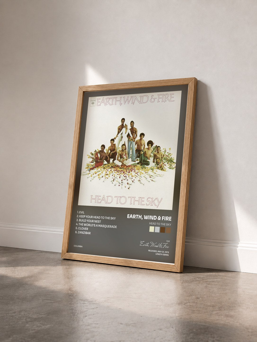 #bois Tableau de l'album Head To The Sky de Earth, Wind & Fire vu de trois quarts, cadre en bois brut