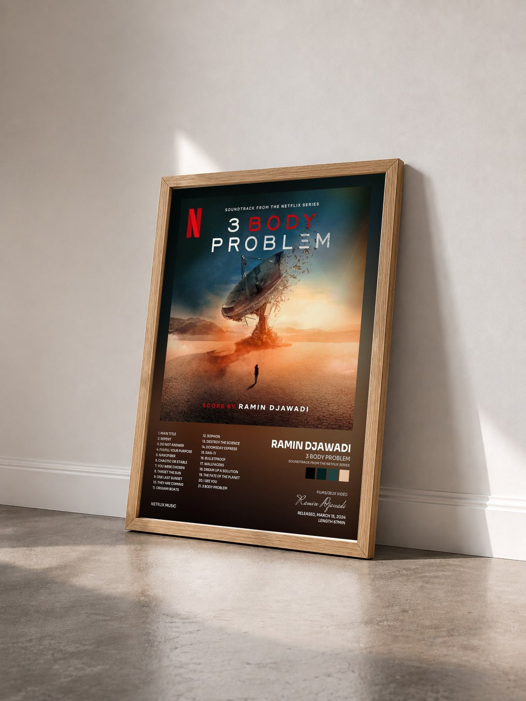 #bois Tableau de l'album 3 Body Problem (Soundtrack from the Netflix Series) de Ramin Djawadi vu de trois quarts, cadre en bois brut