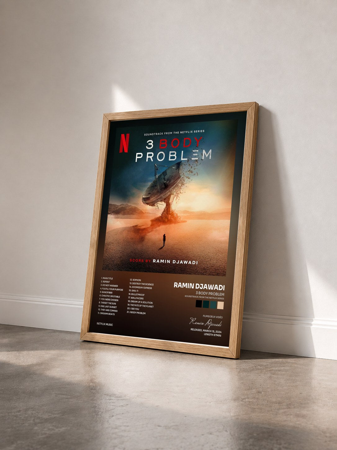 #bois Tableau de l'album 3 Body Problem (Soundtrack from the Netflix Series) de Ramin Djawadi vu de trois quarts, cadre en bois brut