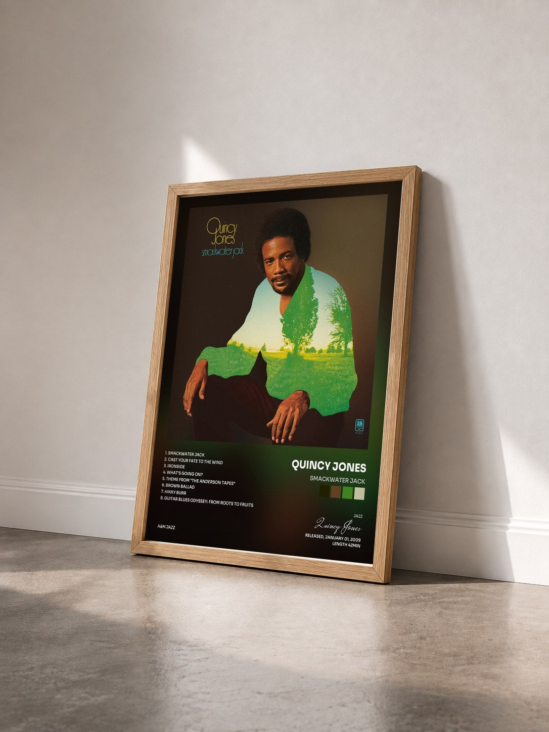 #bois Tableau de l'album Smackwater Jack de Quincy Jones vu de trois quarts, cadre en bois brut