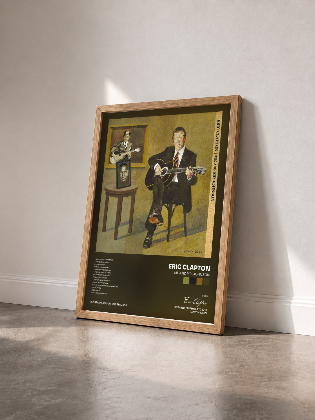 #bois Tableau de l'album Me and Mr. Johnson de Eric Clapton vu de trois quarts, cadre en bois brut
