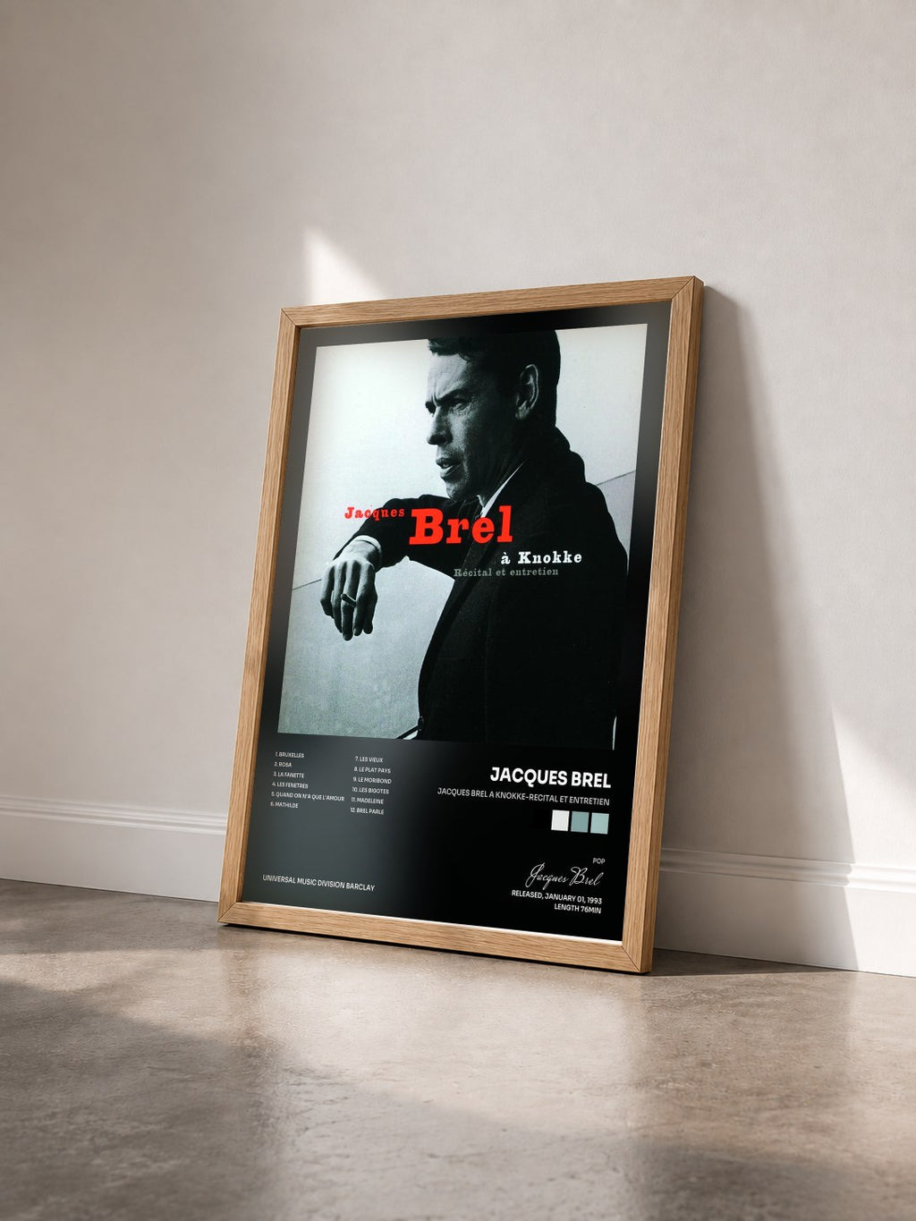 #bois Tableau de l'album Jacques Brel A Knokke-Recital Et Entretien de Jacques Brel vu de trois quarts, cadre en bois brut