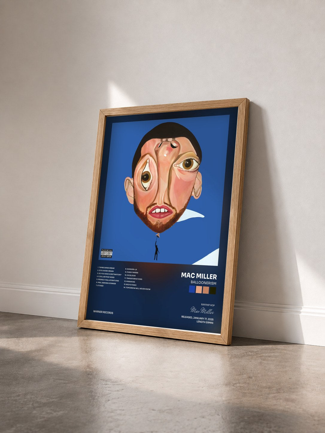 #bois Tableau de l'album Balloonerism de Mac Miller vu de trois quarts, cadre en bois brut