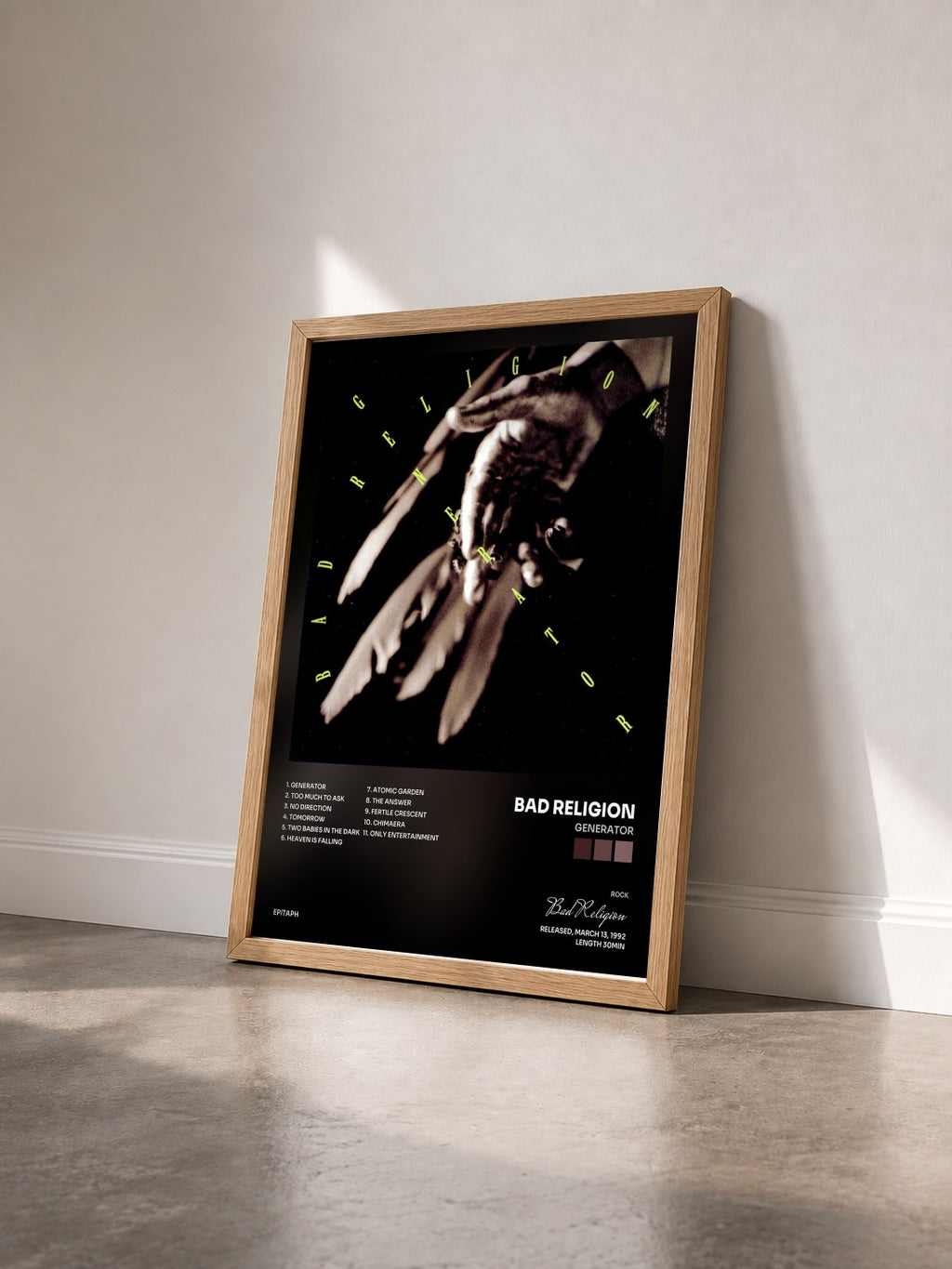 #bois Tableau de l'album Generator de Bad Religion vu de trois quarts, cadre en bois brut