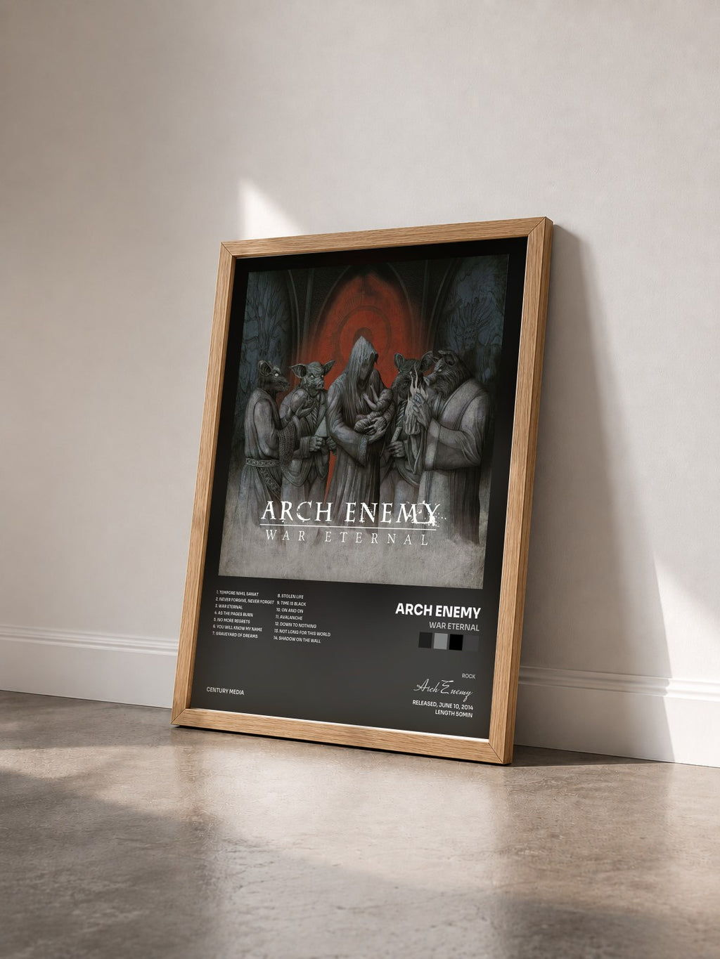 #bois Tableau de l'album War Eternal de Arch Enemy vu de trois quarts, cadre en bois brut
