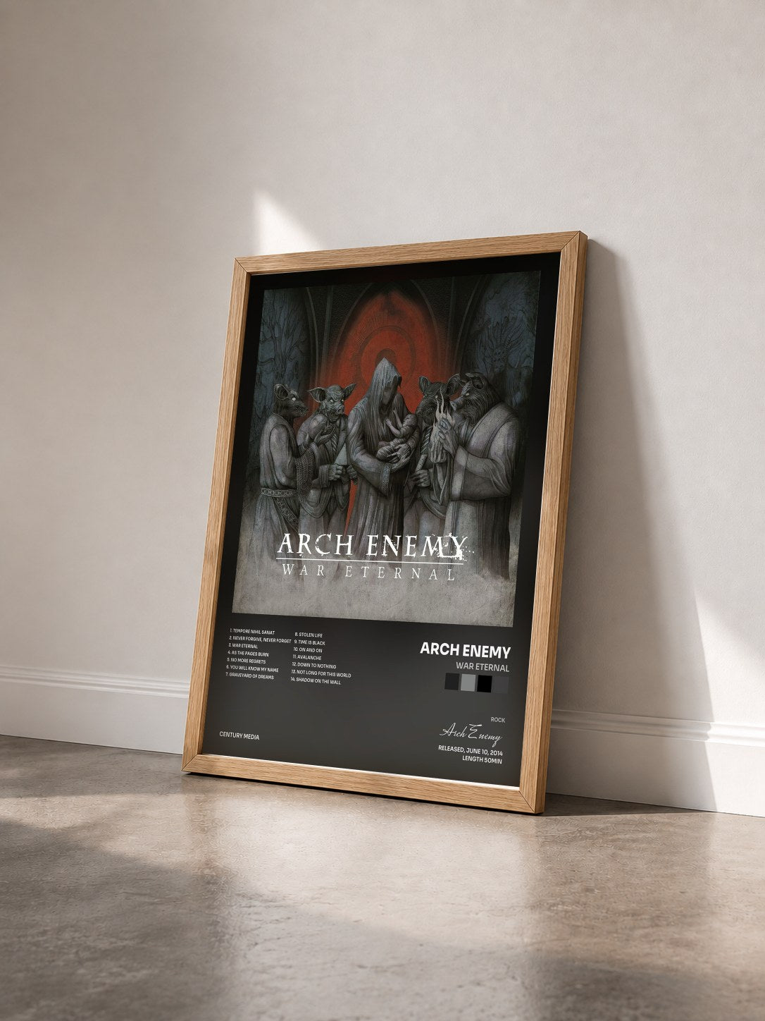 #bois Tableau de l'album War Eternal de Arch Enemy vu de trois quarts, cadre en bois brut