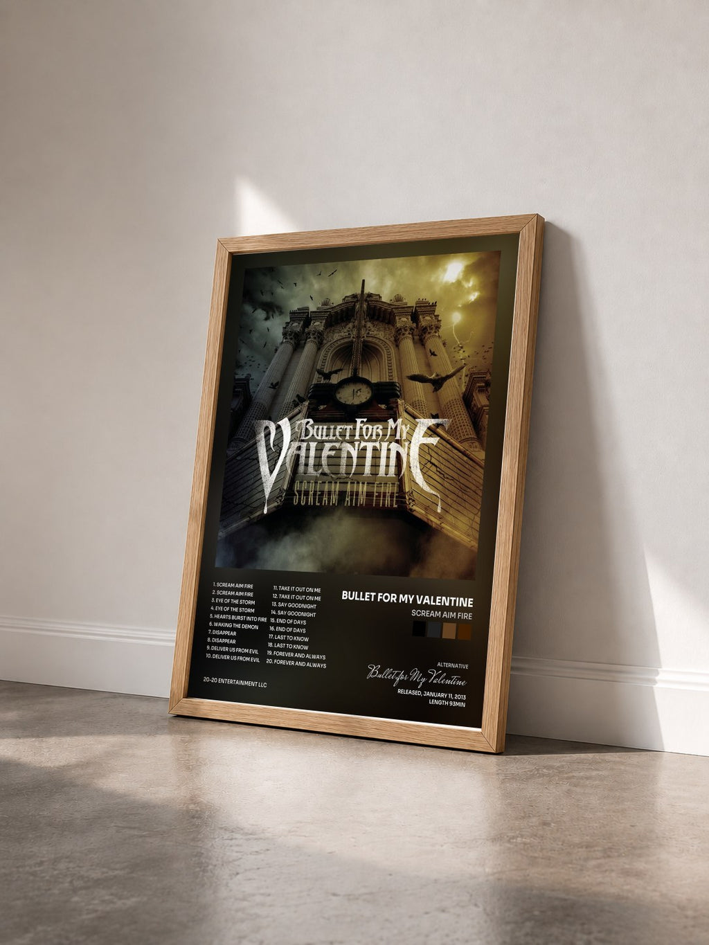 #bois Tableau de l'album Scream Aim Fire de Bullet for My Valentine vu de trois quarts, cadre en bois brut