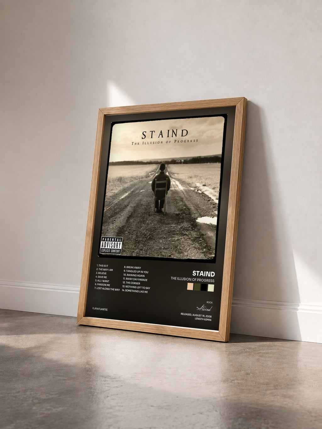 #bois Tableau de l'album The Illusion of Progress de Staind vu de trois quarts, cadre en bois brut