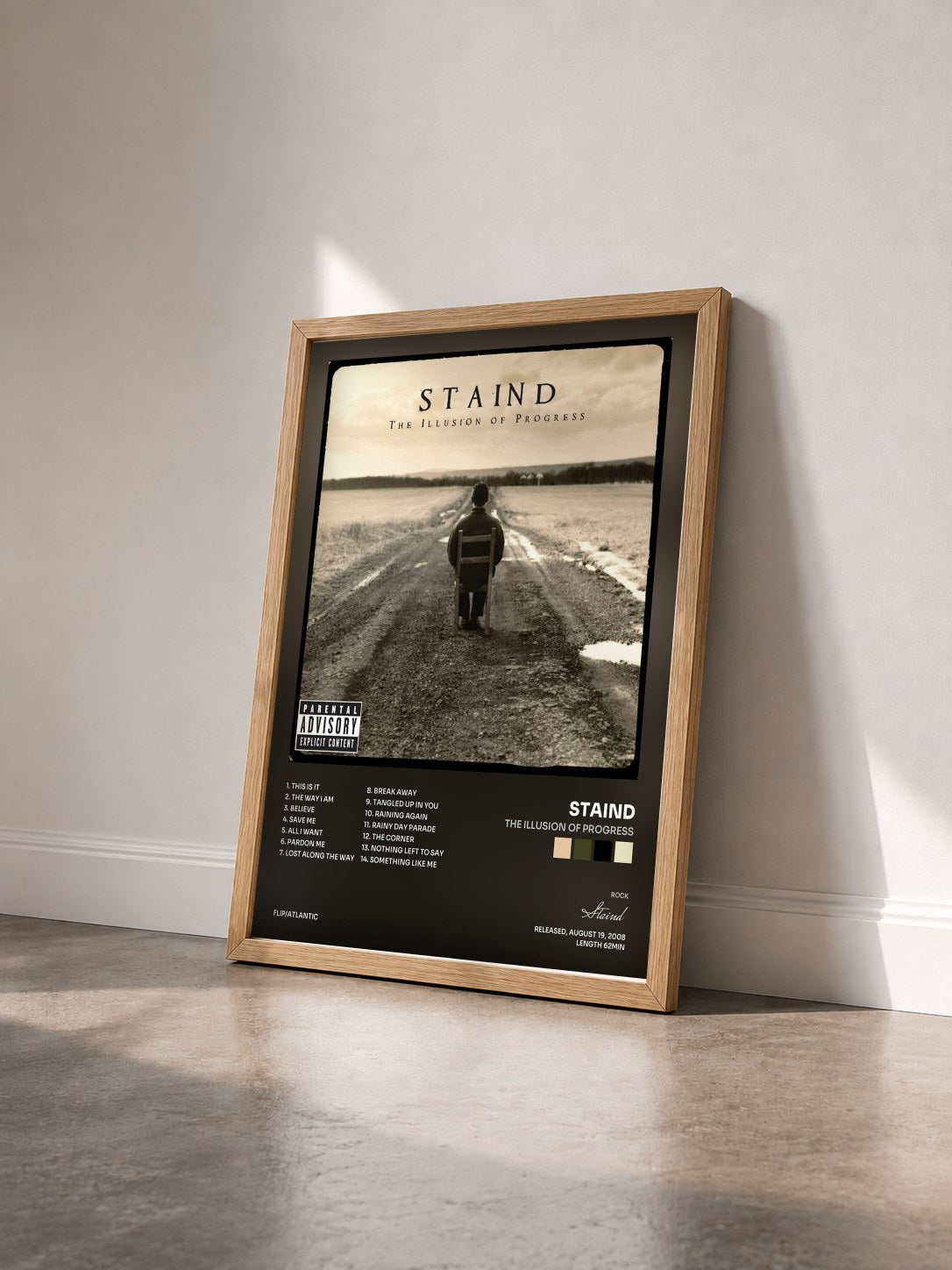 #bois Tableau de l'album The Illusion of Progress de Staind vu de trois quarts, cadre en bois brut