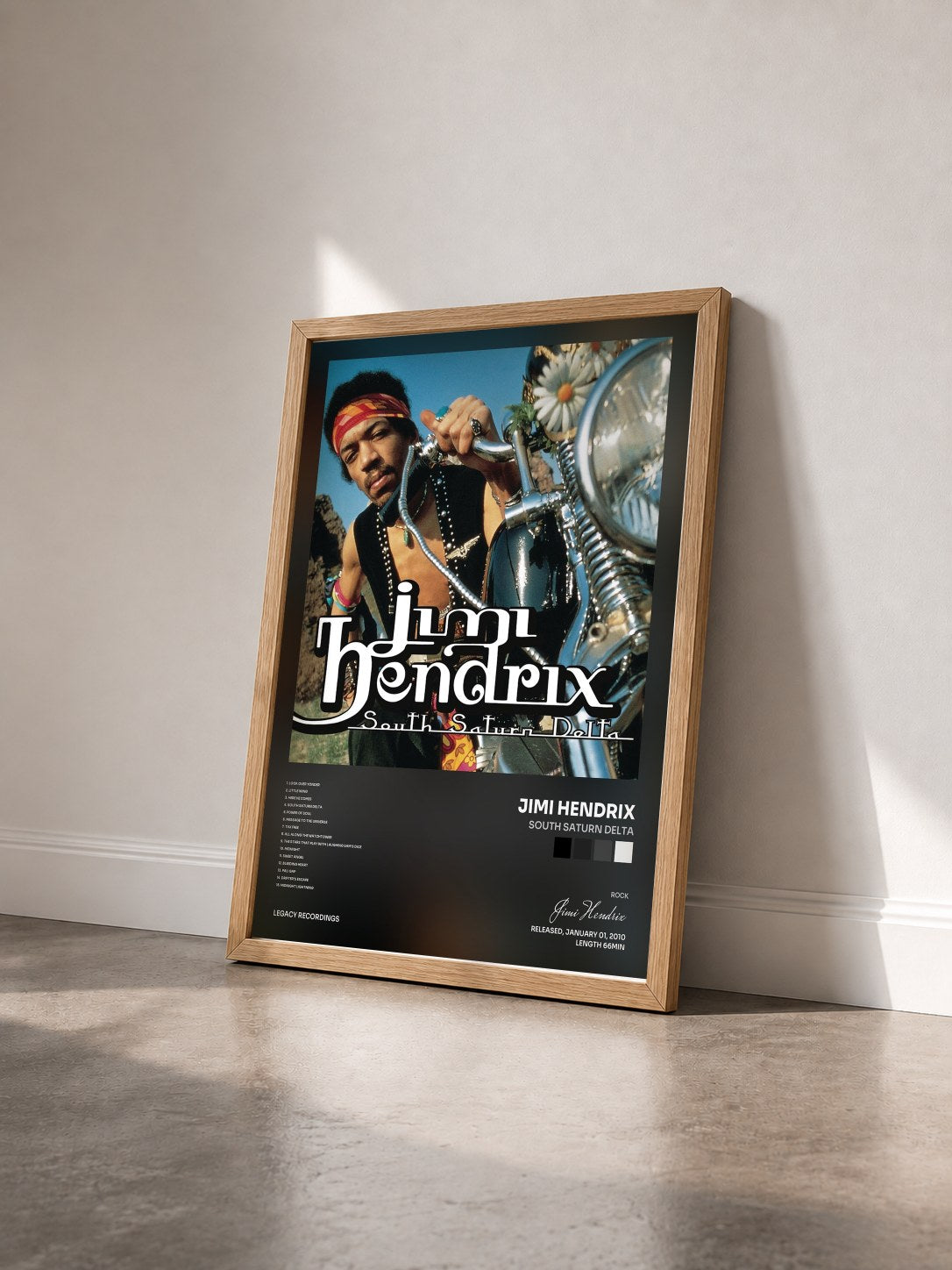 #bois Tableau de l'album South Saturn Delta de Jimi Hendrix vu de trois quarts, cadre en bois brut