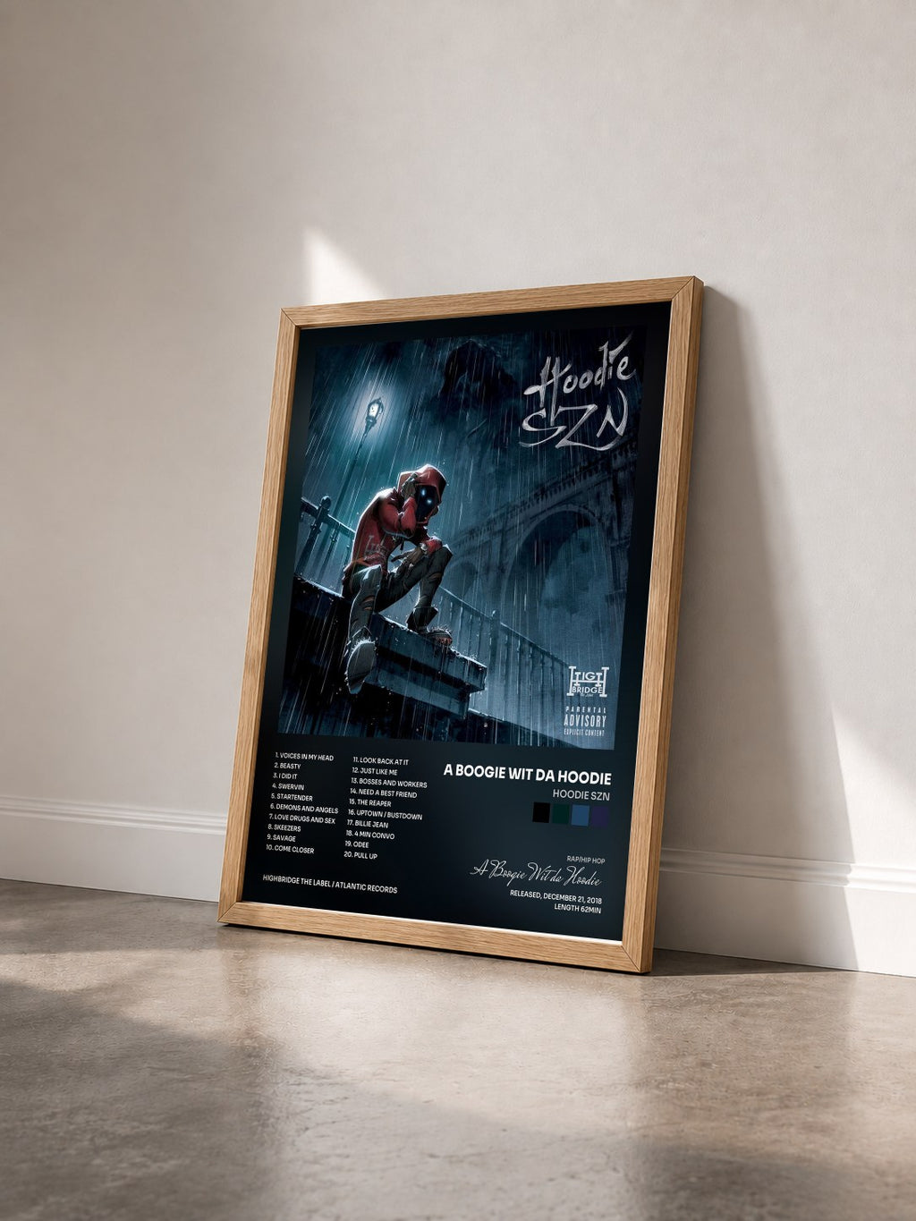 #bois Tableau de l'album Hoodie SZN de A Boogie Wit da Hoodie vu de trois quarts, cadre en bois brut