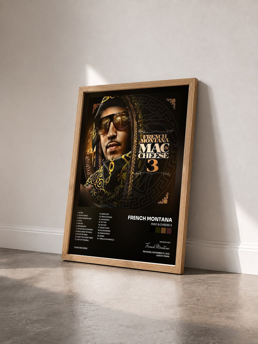 #bois Tableau de l'album Mac & Cheese 3 de French Montana vu de trois quarts, cadre en bois brut
