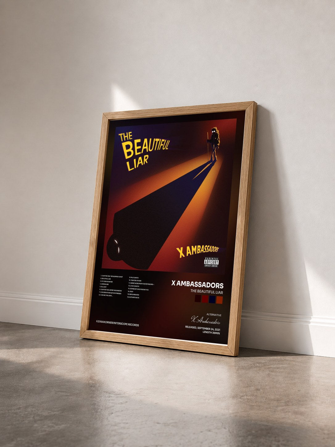 #bois Tableau de l'album The Beautiful Liar de X Ambassadors vu de trois quarts, cadre en bois brut