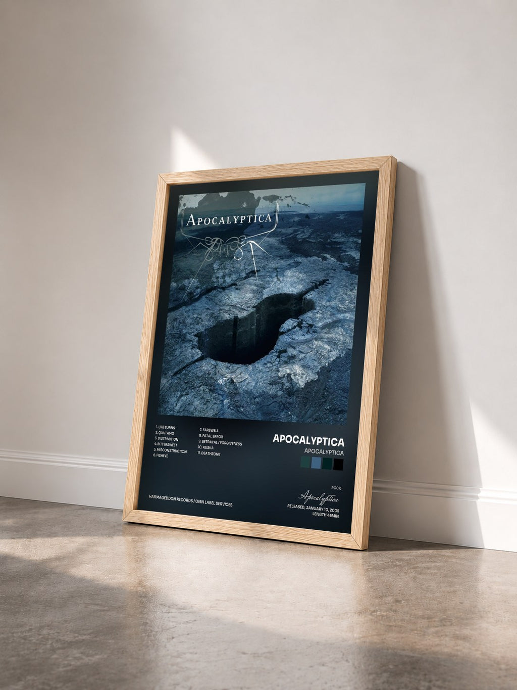 #bois Tableau de l'album Apocalyptica de Apocalyptica vu de trois quarts, cadre en bois brut