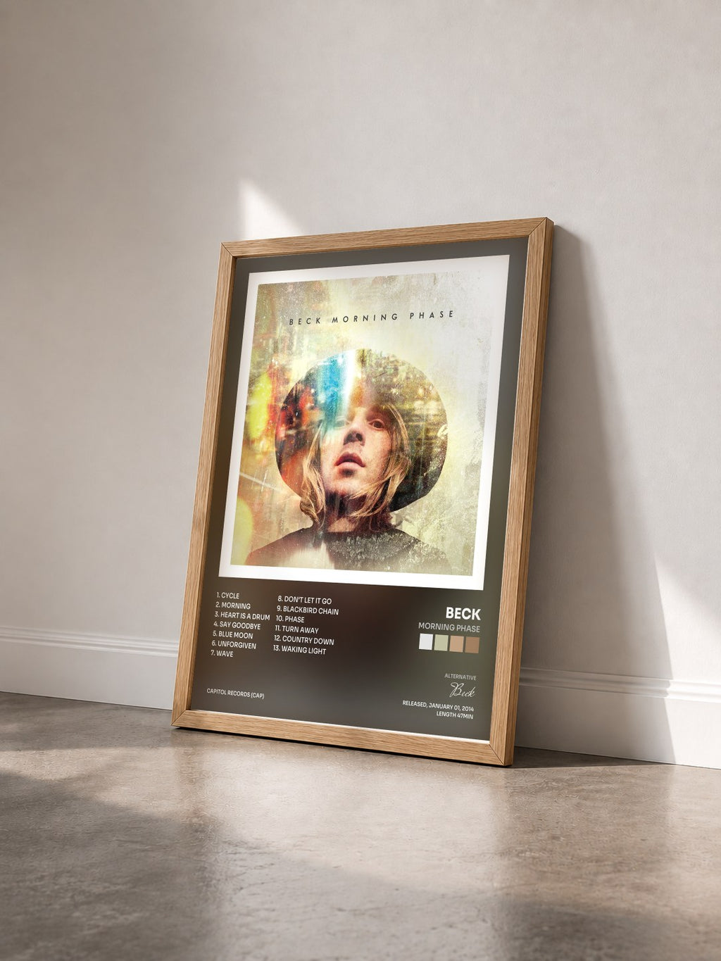#bois Tableau de l'album Morning Phase de Beck vu de trois quarts, cadre en bois brut