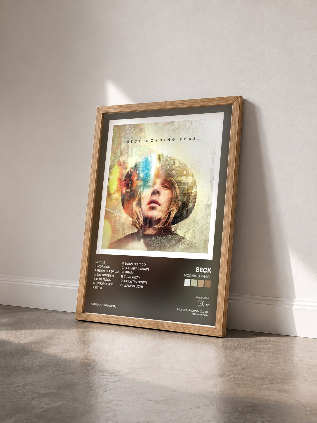 #bois Tableau de l'album Morning Phase de Beck vu de trois quarts, cadre en bois brut