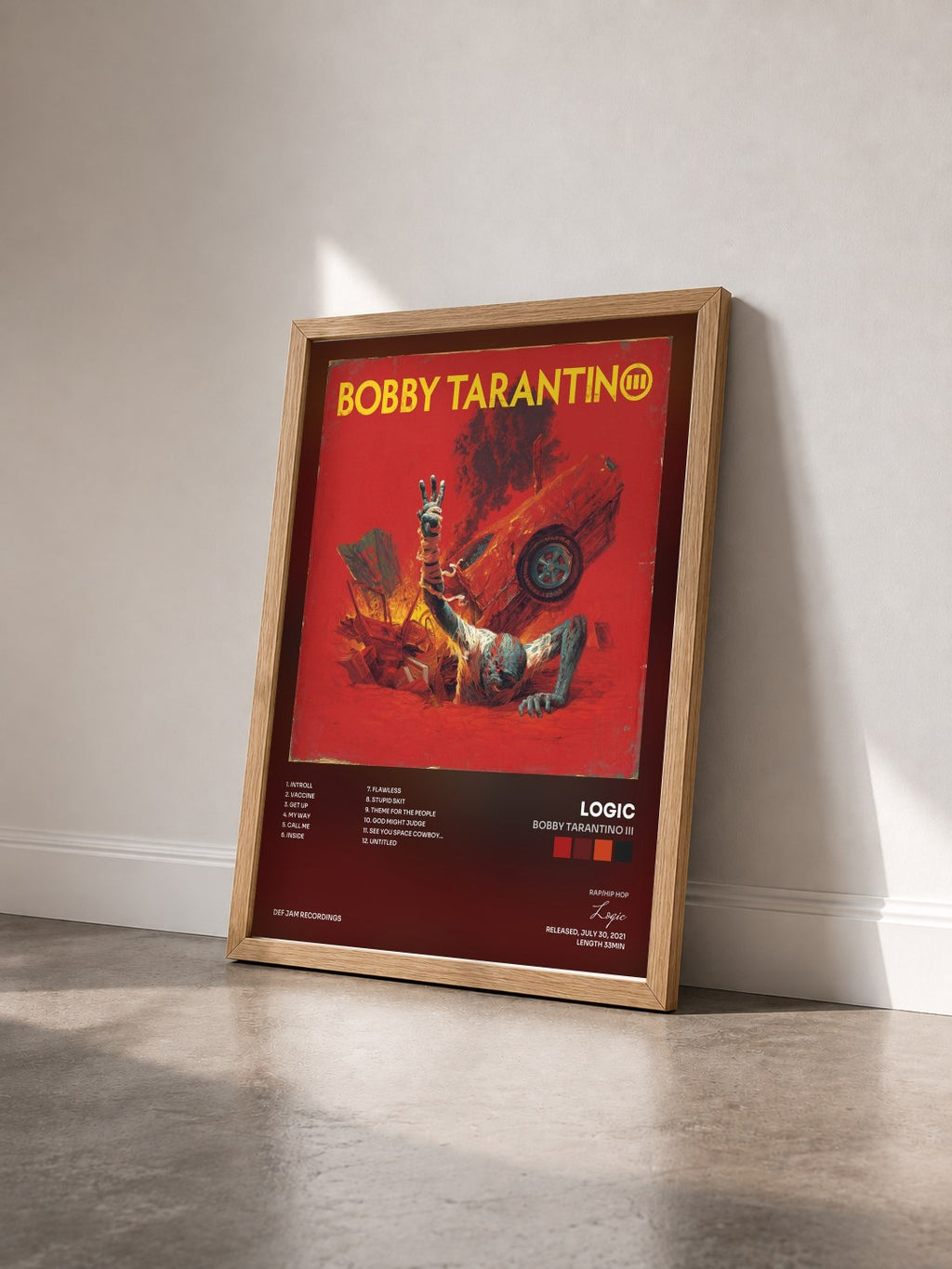#bois Tableau de l'album Bobby Tarantino III de Logic vu de trois quarts, cadre en bois brut