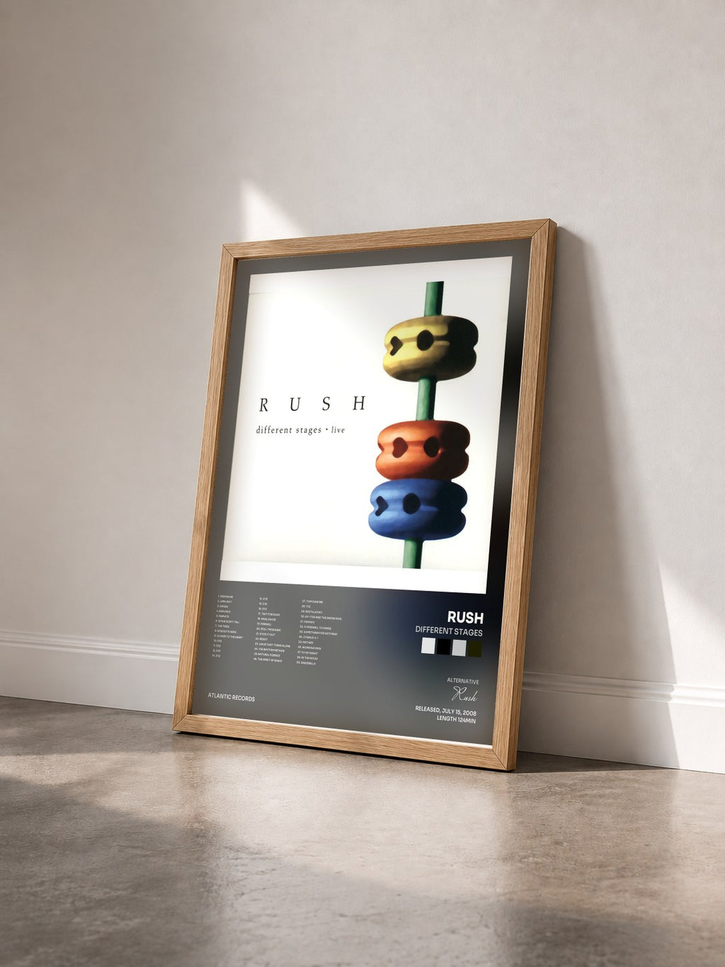 #bois Tableau de l'album Different Stages de Rush vu de trois quarts, cadre en bois brut