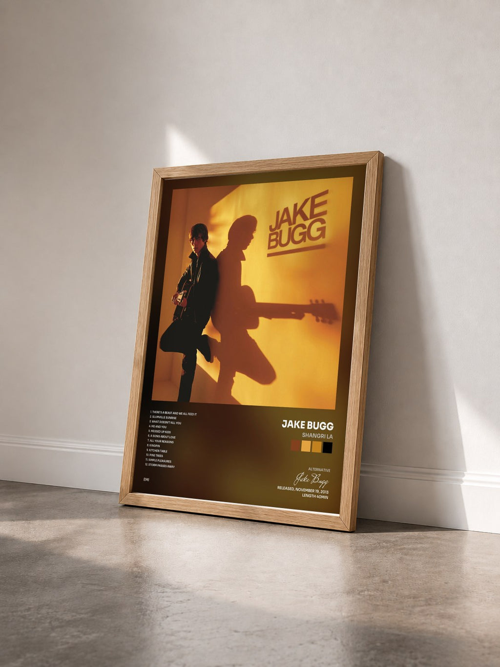 #bois Tableau de l'album Shangri La de Jake Bugg vu de trois quarts, cadre en bois brut