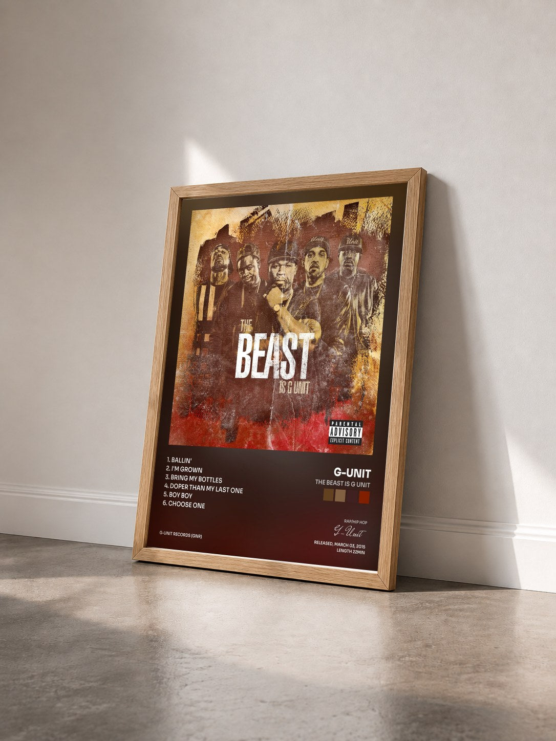 #bois Tableau de l'album The Beast Is G Unit de G-Unit vu de trois quarts, cadre en bois brut
