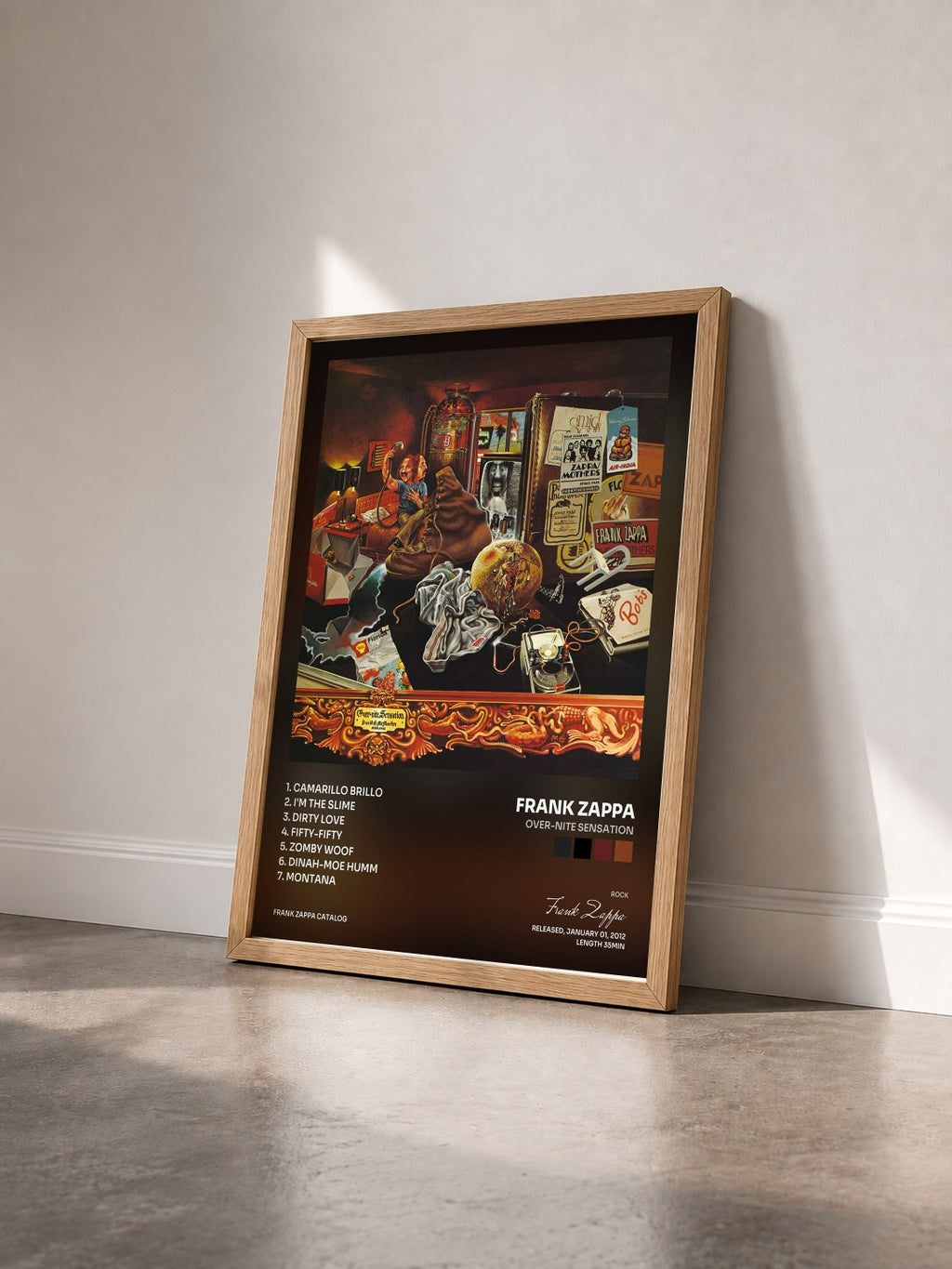 #bois Tableau de l'album Over-Nite Sensation de Frank Zappa vu de trois quarts, cadre en bois brut
