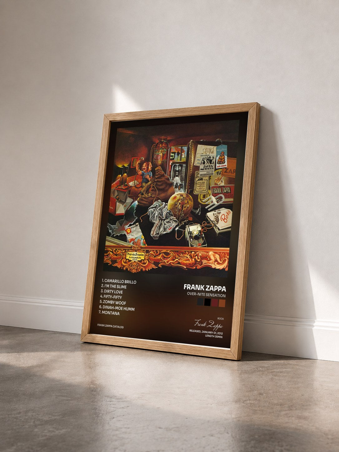 #bois Tableau de l'album Over-Nite Sensation de Frank Zappa vu de trois quarts, cadre en bois brut
