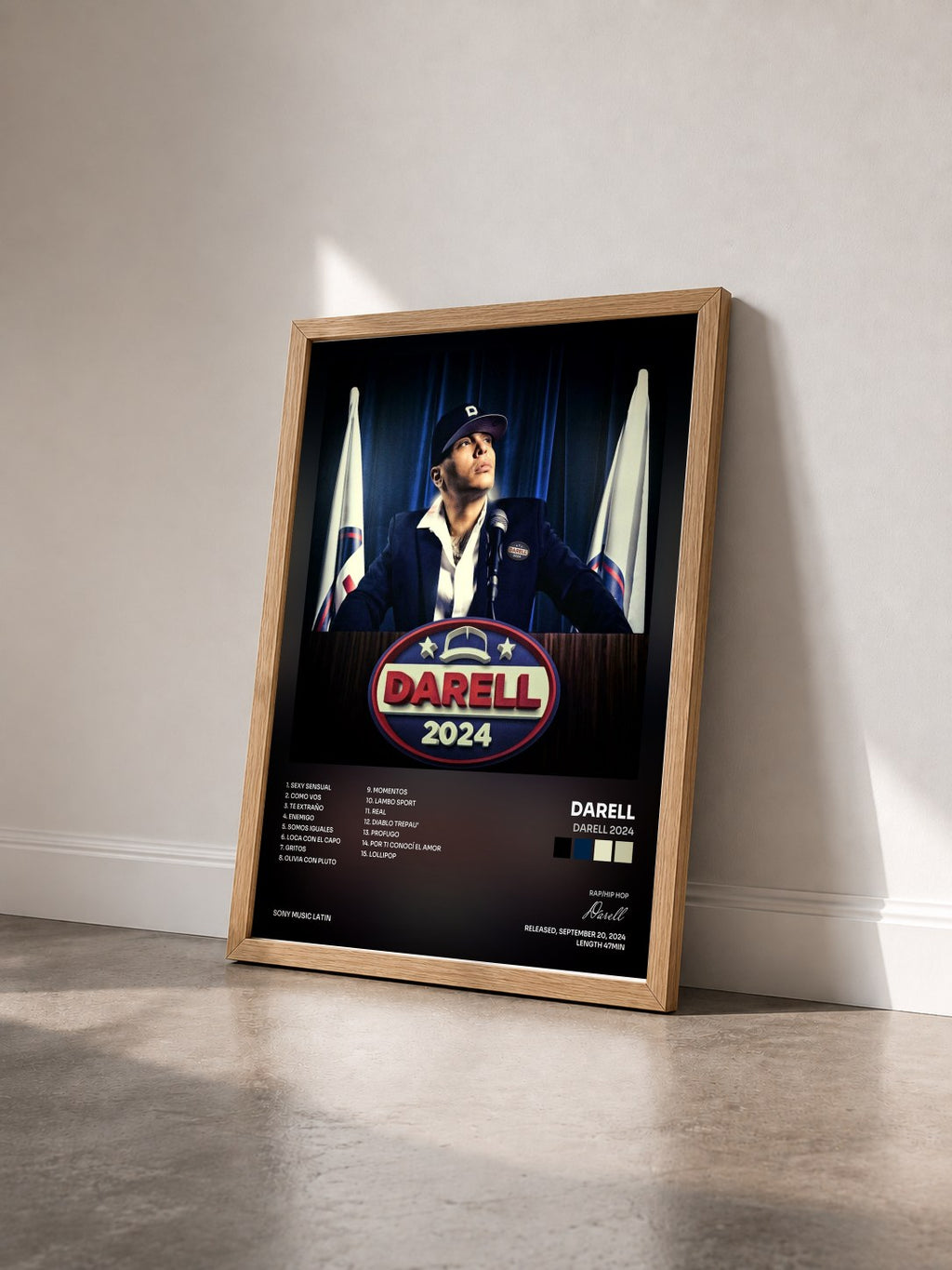 #bois Tableau de l'album Darell 2024 de Darell vu de trois quarts, cadre en bois brut