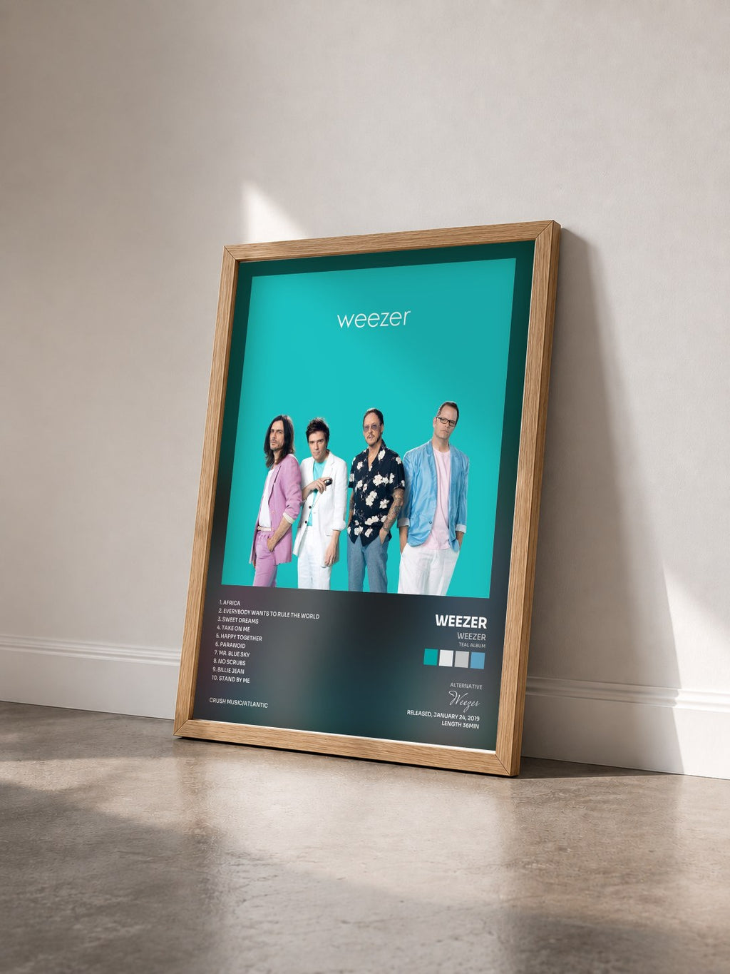 #bois Tableau de l'album Weezer (Teal Album) de Weezer vu de trois quarts, cadre en bois brut