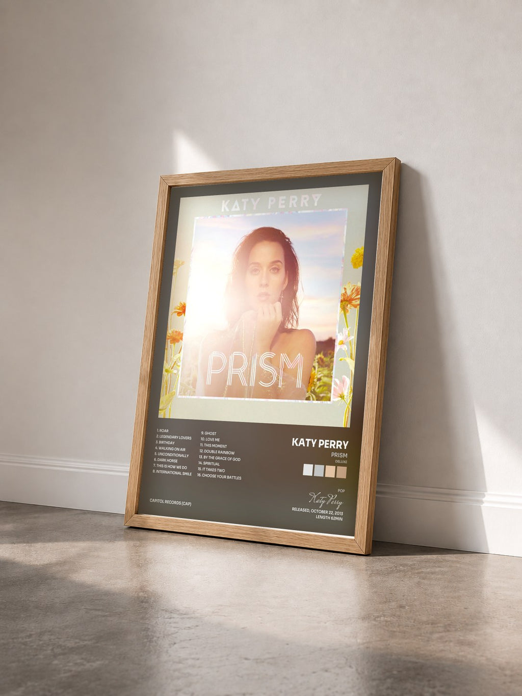 #bois Tableau de l'album PRISM (Deluxe) de Katy Perry vu de trois quarts, cadre en bois brut
