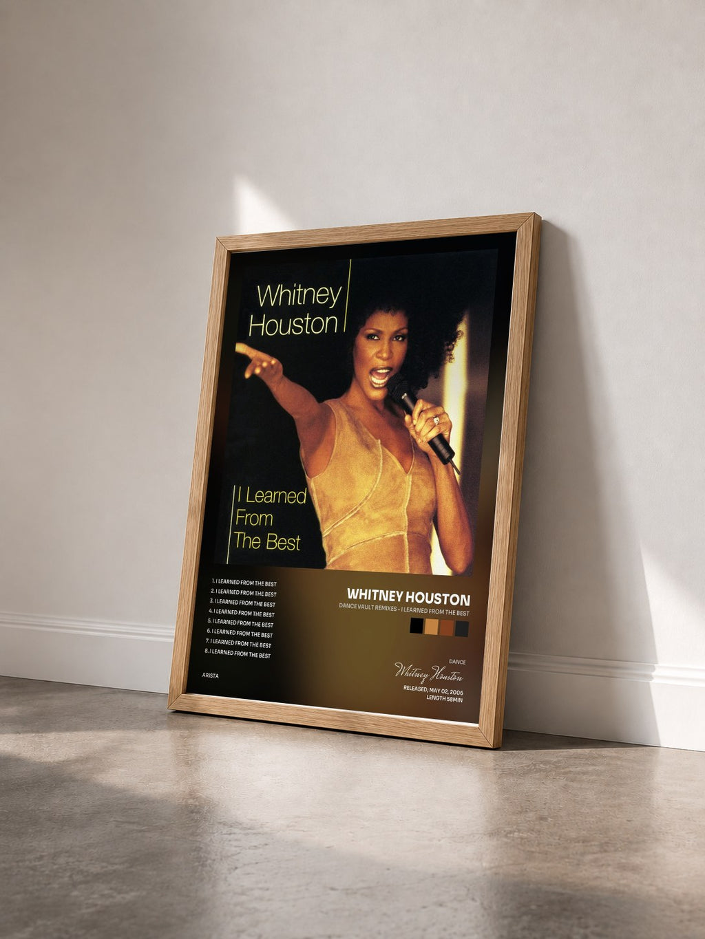 #bois Tableau de l'album Dance Vault Remixes - I Learned from the Best de Whitney Houston vu de trois quarts, cadre en bois brut