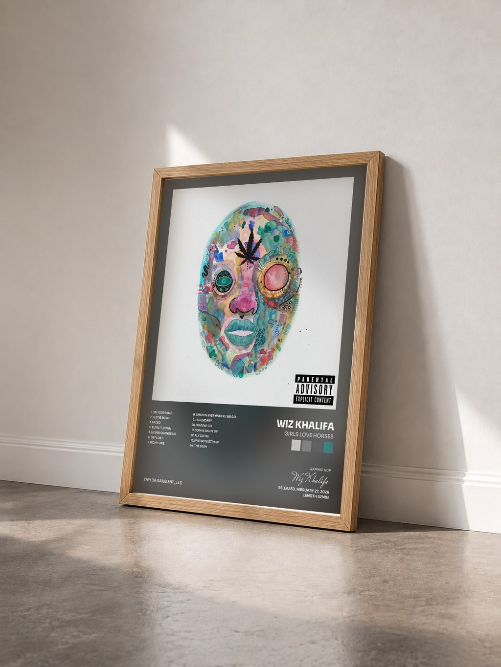 #bois Tableau de l'album Girls Love Horses de Wiz Khalifa vu de trois quarts, cadre en bois brut