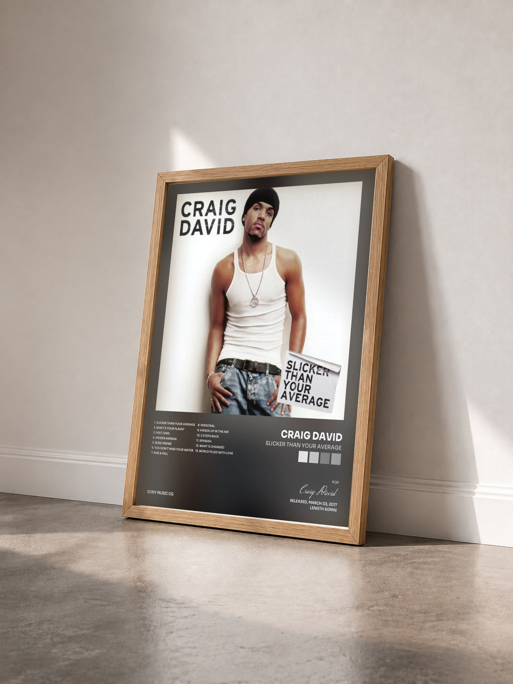 #bois Tableau de l'album Slicker than Your Average de Craig David vu de trois quarts, cadre en bois brut