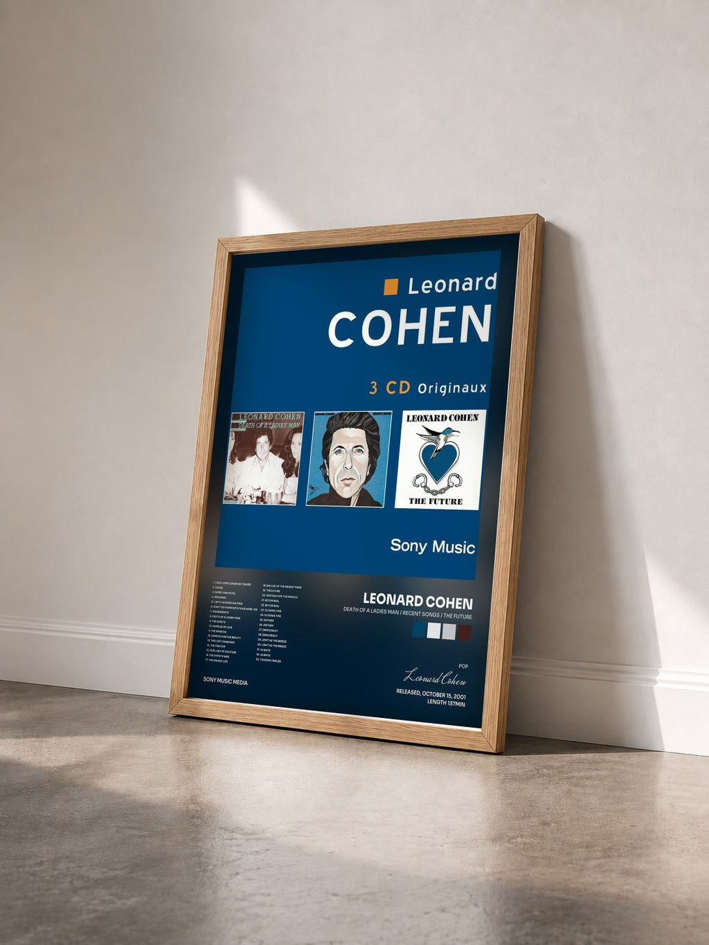 #bois Tableau de l'album Death of a ladies man / Recent songs / The future de Leonard Cohen vu de trois quarts, cadre en bois brut