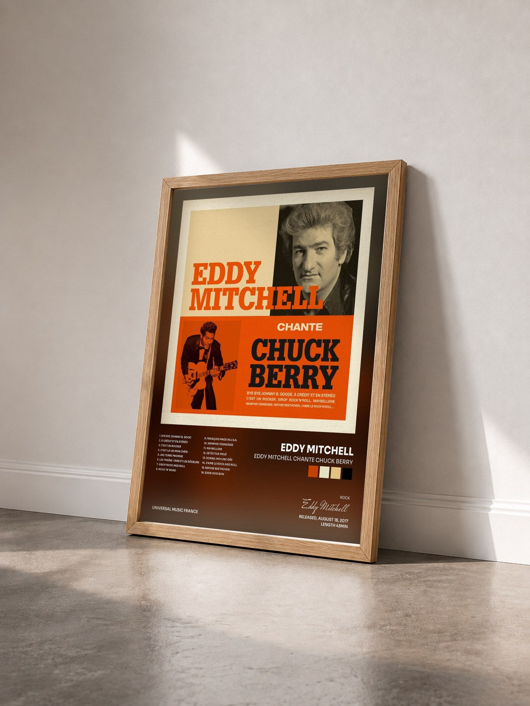 #bois Tableau de l'album Eddy Mitchell chante Chuck Berry de Eddy Mitchell vu de trois quarts, cadre en bois brut