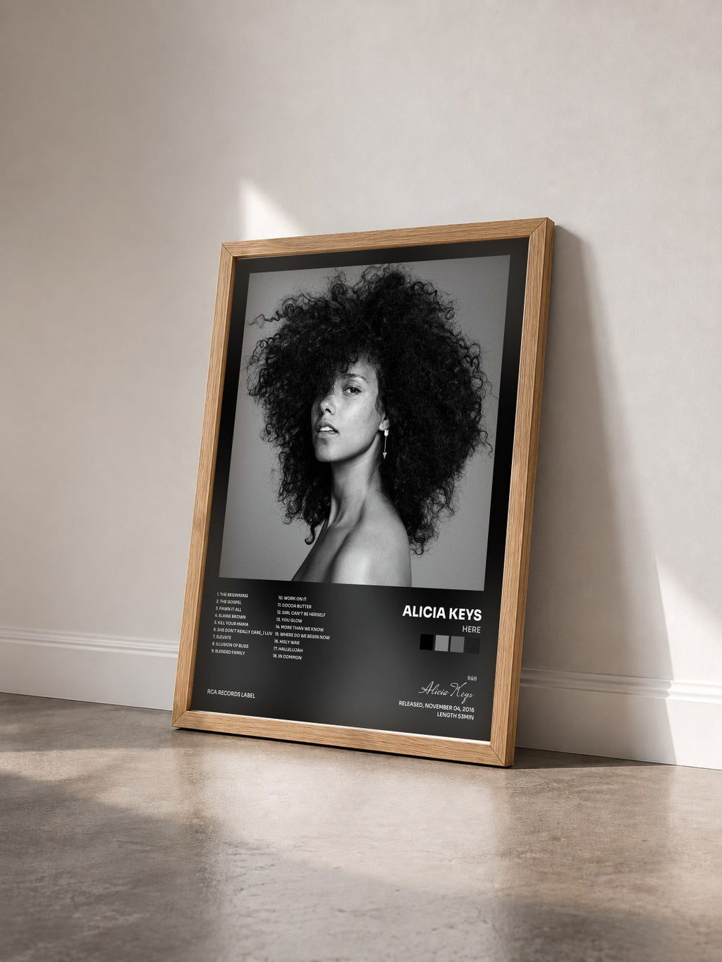 #bois Tableau de l'album HERE de Alicia Keys vu de trois quarts, cadre en bois brut