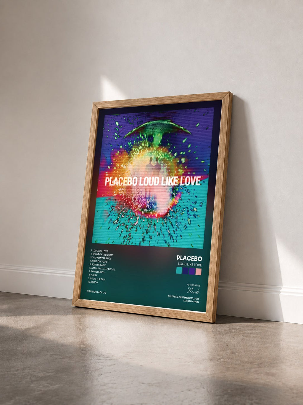 #bois Tableau de l'album Loud Like Love de Placebo vu de trois quarts, cadre en bois brut