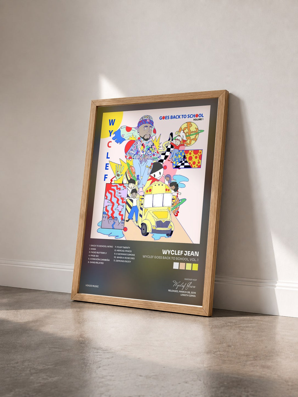 #bois Tableau de l'album Wyclef Goes Back to School, Vol. 1 de Wyclef Jean vu de trois quarts, cadre en bois brut