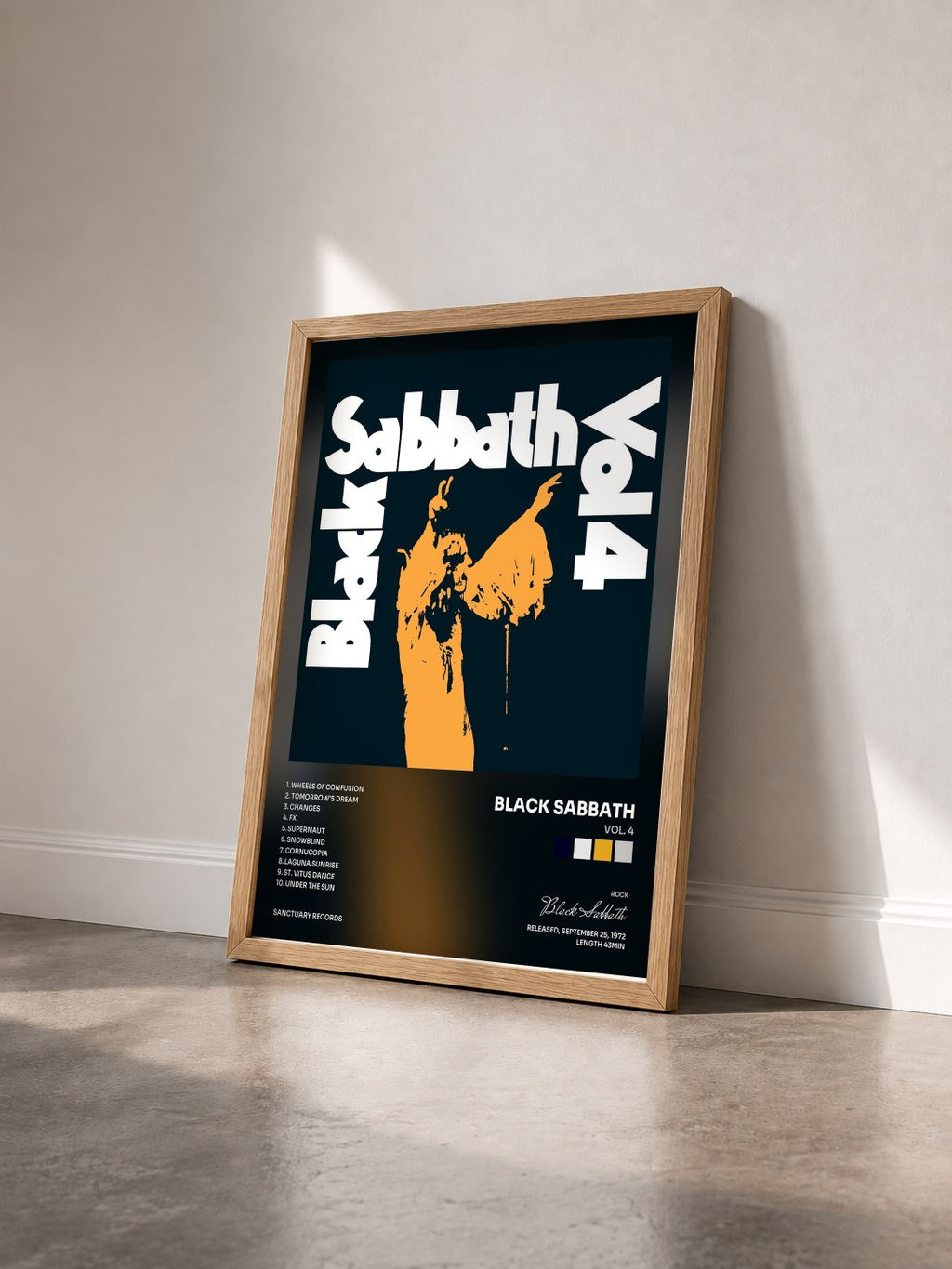 #bois Tableau de l'album Vol. 4 de Black Sabbath vu de trois quarts, cadre en bois brut