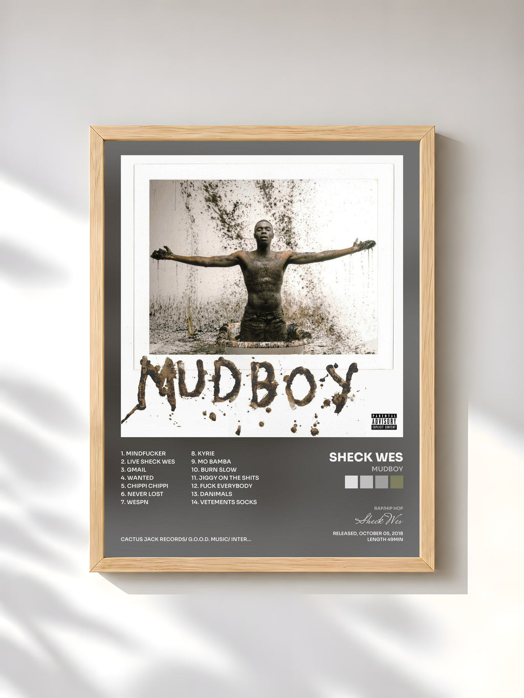 #bois Tableau de l'album MUDBOY de Sheck Wes, cadre en bois brut, imprimé et encadré en France