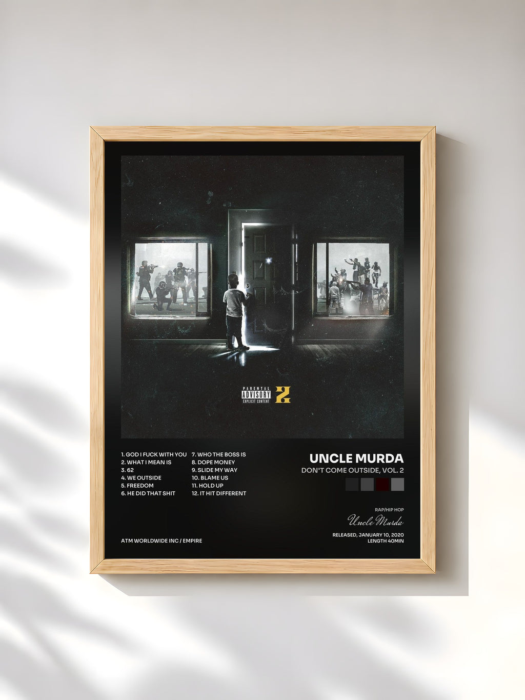 #bois Tableau de l'album Don't Come Outside, Vol. 2 de Uncle Murda, cadre en bois brut, imprimé et encadré en France