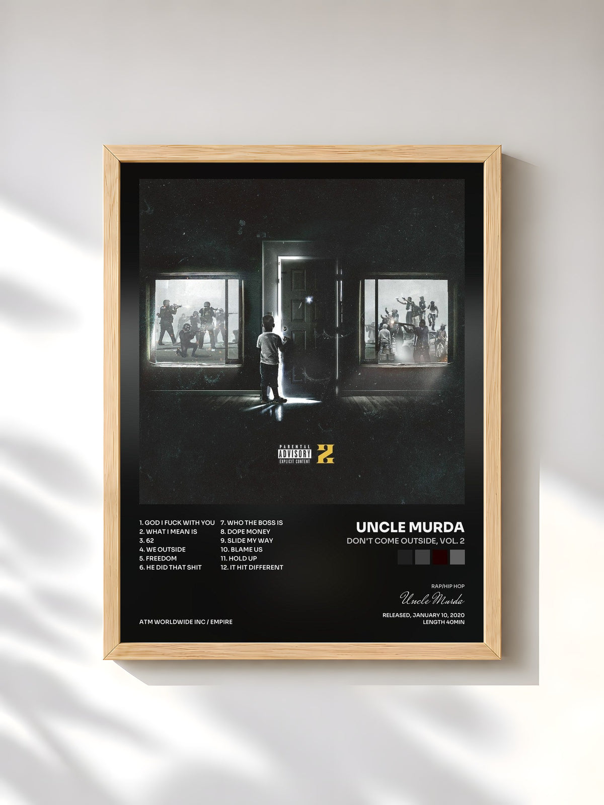#bois Tableau de l'album Don't Come Outside, Vol. 2 de Uncle Murda, cadre en bois brut, imprimé et encadré en France
