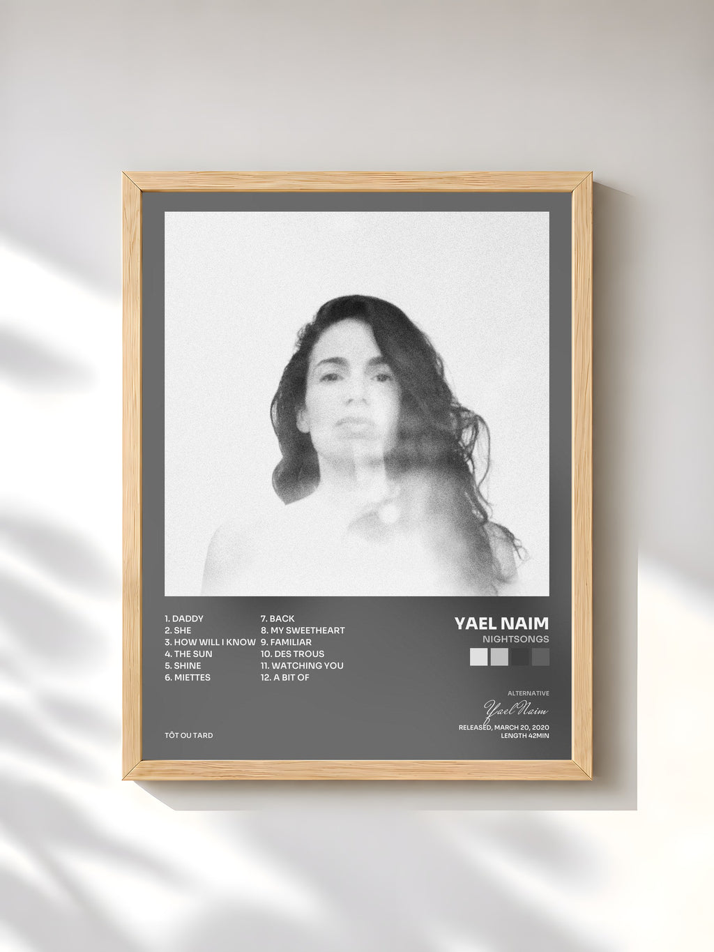 #bois Tableau de l'album nightsongs de Yael Naim, cadre en bois brut, imprimé et encadré en France