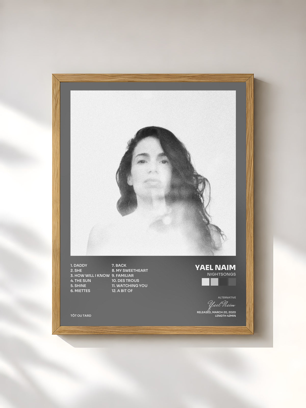 #bois Tableau de l'album nightsongs de Yael Naim, cadre en bois brut, imprimé et encadré en France