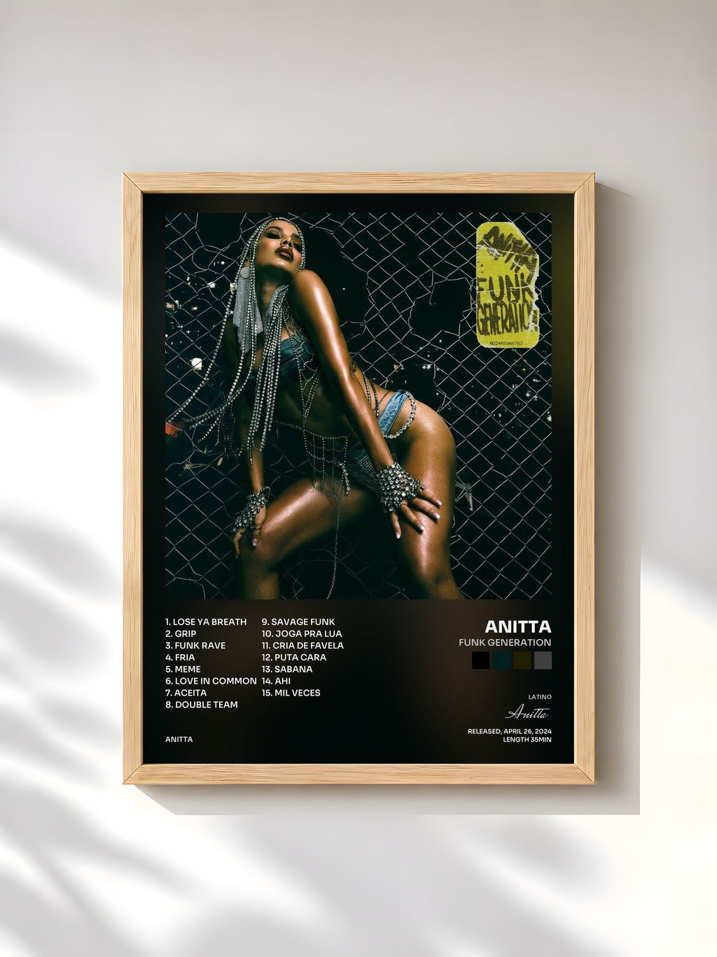 #bois Tableau de l'album Funk Generation de Anitta, cadre en bois brut, imprimé et encadré en France