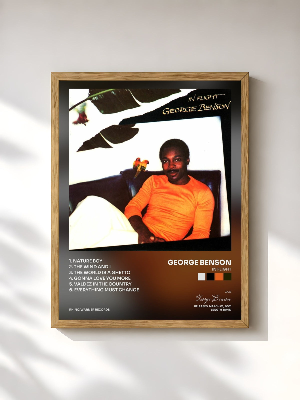 #bois Tableau de l'album In Flight de George Benson, cadre en bois brut, imprimé et encadré en France