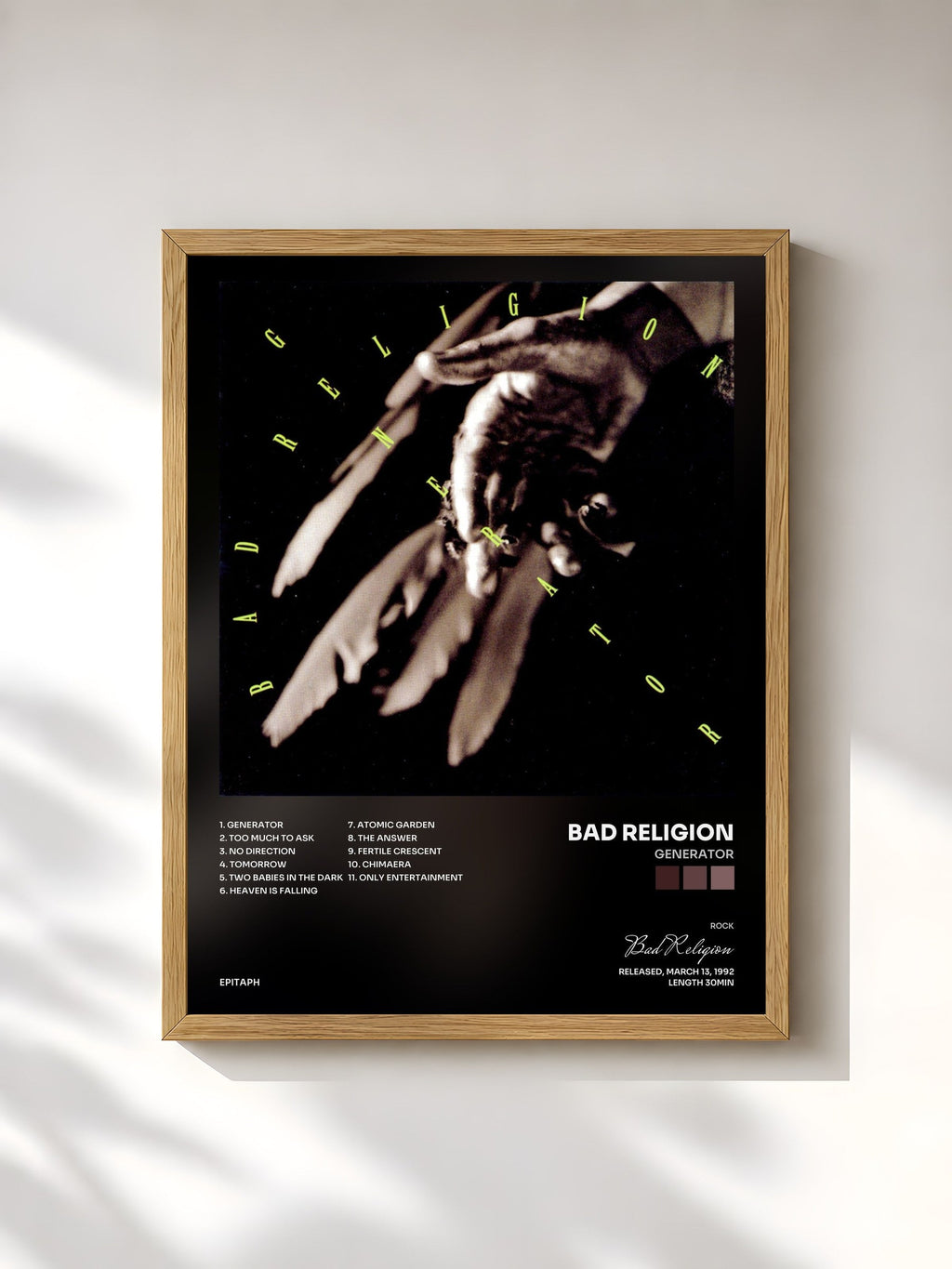 #bois Tableau de l'album Generator de Bad Religion, cadre en bois brut, imprimé et encadré en France